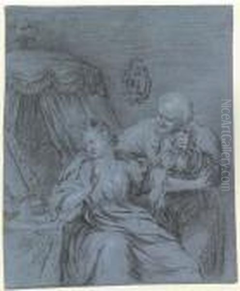 A Bearded Man Holding Bags Of Gold Seducing A Lady At Her Dressing Table - view 1