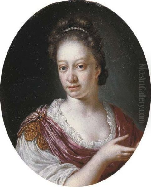 Portrait Of A Lady, Small 
Bust-length, In A White Gown And Afuchsia Shawl Held Together With A 
Gold Clasp Set With A Stone,pearls In Her Hair - view 1