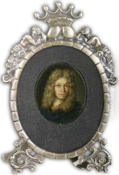 A Portrait Of A Gentleman, Bust 
Length, Wearing An Orange Coat With A Blue Velvet Cloak, A White Chemise
 And A Wig - view 1