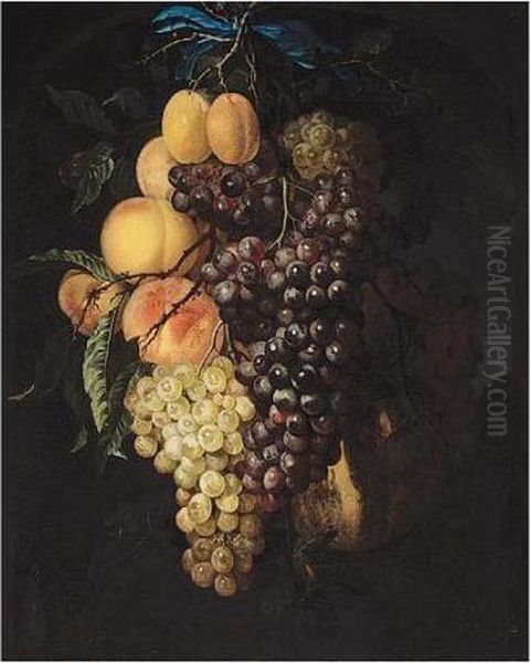 A Garland Of Grapes, Peaches, 
Apricots And A Honey Melon, Suspended From A Nail, Tied With A Blue 
Ribbon, Set Within A Feigned Stone Niche - view 1