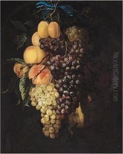 A Garland Of Grapes, Peaches, 
Apricots And A Honey Melon, Suspended From A Nail, Tied With A Blue 
Ribbon, Set Within A Feigned Stone Niche
