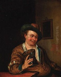 A Peasant Man Holding A Large Roemer At A Table In Aninterior