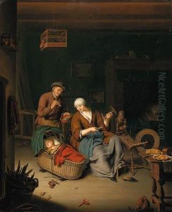 A Peasant Family In A Cottage Interior by Willem Van Mieris Leiden