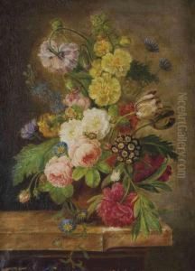 Vase Avec Pivoines, Roses Et 
Tulipes, Liserons Et Autres Fleurs Sur Un Entablement En Marbre
