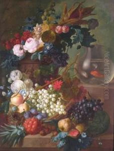 Still Life Of Grapes, Quince, 
Fig, Melon, Medlar, Pineapple, Peaches, Plums, Raspberries, Sweetcorn, 
Poppies, Roses, Hollyhocks, Morning Glory, Eryngium, Auricula, A Bird's 
Nest, All On A Ledge And In An Urn Sculpted With Bas Reliefs, A Goldfish
 B - view 1