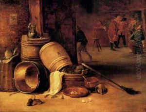 An interior scene with pots, barrels, baskets, onions and cabbages with boors carousing in the background