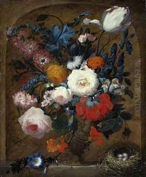 Roses, Peonies, Larkspur And
Morning Glory In An Ornamental Urnwith A Nest Of Four Eggs, On A Stone
Ledge - view 1