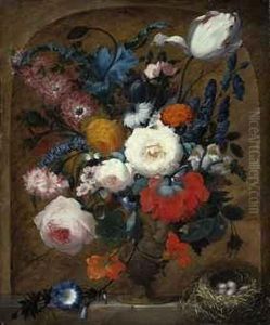Roses, Peonies, Larkspur And 
Morning Glory In An Ornamental Urnwith A Nest Of Four Eggs, On A Stone 
Ledge