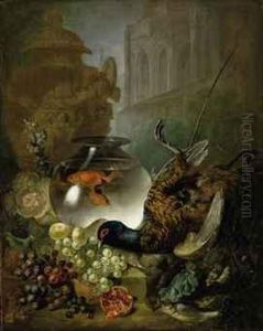 Grapes, Pomegranates, Game, 
Fish, Goldfish In A Bowl, A Classicalurn, With A Gothic Building Beyond