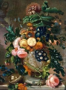 A Still Life Of Roses And Other Flowers In Anurn On A Ledge by Jan van Os