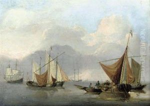 Dutch Barges Drying Their Sails With Warships Anchored Beyond
