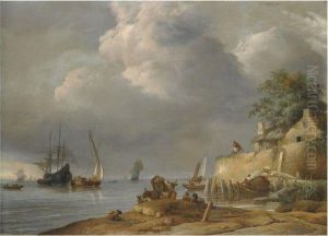 A Coastal Shipping Scene With 
Cattle And Sheep In The Foregroundand A Man On Horseback Outside An Inn