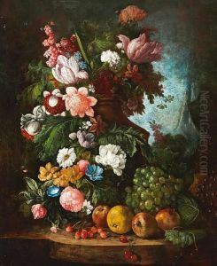 Tulips, Carnations, Peonies, 
Convolvulus And Other Flowers In A Stone Urn With Grapes, Apples And 
Other Fruit On A Stone Ledge, A Landscape Beyond.