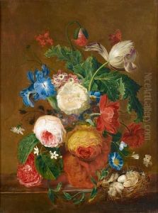 Roses, Lilies, Tulips And Other Flowers In A Vase With A Bird's Nest On A Stone Ledge