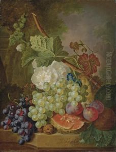 Flowers, Grapes, Plums, Walnuts And A Melon On A Stone Ledge