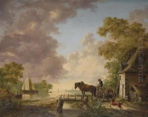 A River Landscape With A Horse And Cart Crossing A Bridge, Boats Beyond by Jan van Os