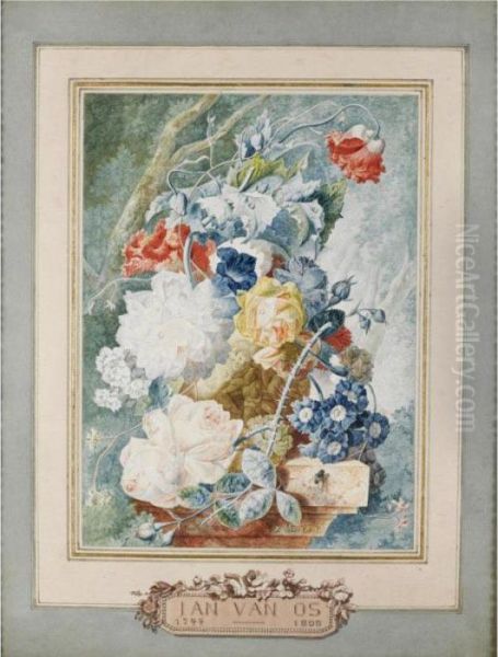 A Still Life Of Flowers In An Ornate Stone Vase, Set In A Wooded Landscape - view 1