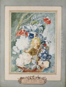 A Still Life Of Flowers In An Ornate Stone Vase, Set In A Wooded Landscape