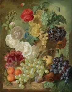 A Still Life With Hollyhocks, 
Poppies, An Anemone, Other Flowers And White-currants In A Terracotta 
Vase, With Apricots, White And Black Grapes, Pomegranates And A Plum, 
All Arranged On A Marble Ledge