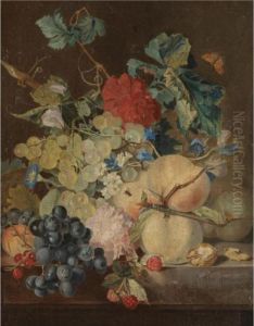 A Still Life With Peaches, 
Grapes, Raspberries Together With Various Flowers On A Stone Ledge