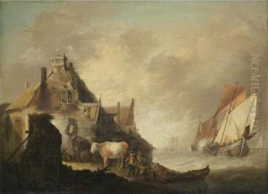 A Coastal Scene With Fishing 
Vessels In Stormy Seas, Figures With Cattle Before A House On The Shore