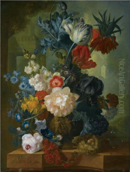 Still Life With A Bouquet Of
Flowers In A Sculpted Vase, Including A Parrot Tulip, Morning Glory, A
Black Iris, Peonies, Daffodils And A Crown Imperial, Together With A
Bird's Nest On A Pink Marble Ledge by Jan van Os