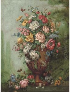 Flowers In A Sculpted Urn On A Stone Ledge