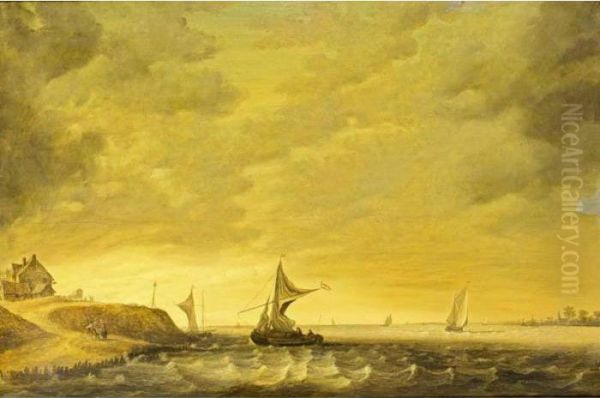 A River Landscape With Sailing
Boats In Choppy Waters And Figures Conversing On The Shore - view 1