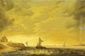 A River Landscape With Sailing 
Boats In Choppy Waters And Figures Conversing On The Shore by Jan van Os