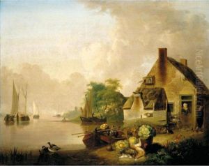 A River Landscape With Moored 
Sailing Boats And A Village Behind, A Still Life Of Cabbages, Carrots, 
Hares And A Black Hen In The Foreground