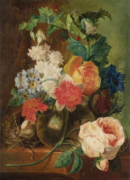 A Still Life With Roses And
Other Flowers In A Glass Vase, Together With A Bird's Nest All Resting
On A Stone Ledge - view 1