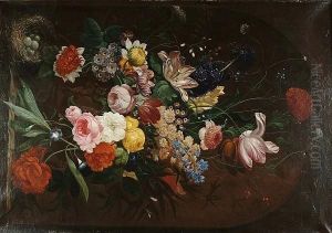 Roses, Carnations, Tulips 
Narcissi And Other Flowers In A Sculpted Urn On A Ledge With A Bird's 
Nest