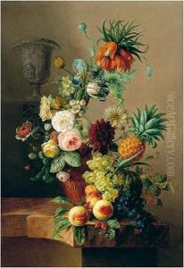 A Still Life Of Various Flowers 
In A Terracotta Vase, Peaches, Grapes, A Melon And Pineapple In The 
Foreground, All On A Marble Table by Jan van Os