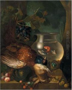 A Still Life Of A Pheasant, A
Rabbit, A Goldfish Bowl, A Bird's Nest, A Melon, Plums, Gooseberries And
Raspberries, All Arranged Upon A Stone Ledge by Jan van Os