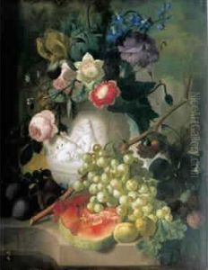 Nature Morte De Fleurs Et De Fruits Sur Un Entablement