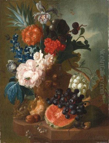 A Peony, An Iris, A Pineapple,
Blackberries, Narcissi And Otherflowers In A Terracotta Vase, With A
Bird's Nest, A Mouse, A Melon,grapes And Walnuts On A Ledge - view 1
