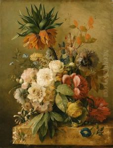 An Imperial Lily, Peonies,
Roses, Irises, Honeysuckle, Morningglory And Poppies In A Glass Vase On A
Stone Ledge by Jan van Os