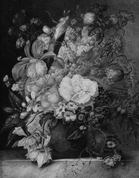 Still Life Of Irises, Roses, Violets And Other Flowers In A Vase Ona Ledge - view 1
