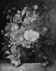 Still Life Of Irises, Roses, Violets And Other Flowers In A Vase Ona Ledge by Jan van Os