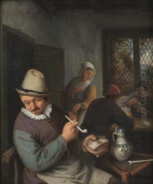 A Tavern Interior With A Peasant Smoking A Pipe And Figures Playingcards - view 1