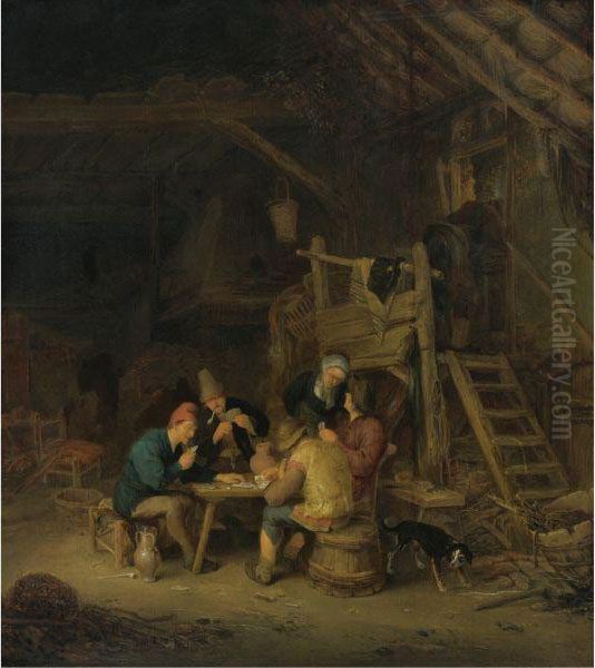 Four Card Players In A Rustic Interior - view 1