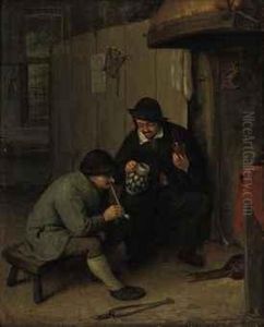 Peasants In An Interior Smoking And Drinking by Adriaen Jansz. Van Ostade