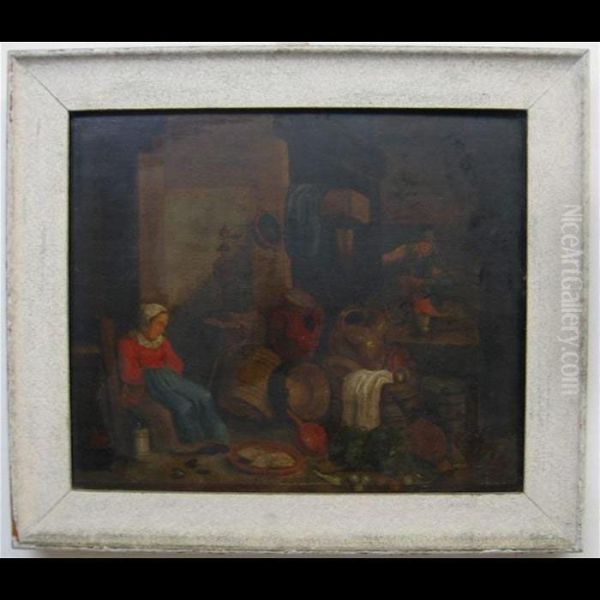 Dutch Woman Napping In A Kitchen Interior While Others Converse - view 1