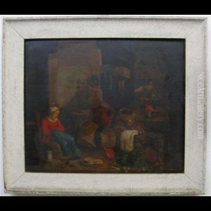 Dutch Woman Napping In A Kitchen Interior While Others Converse by Adriaen Jansz. Van Ostade