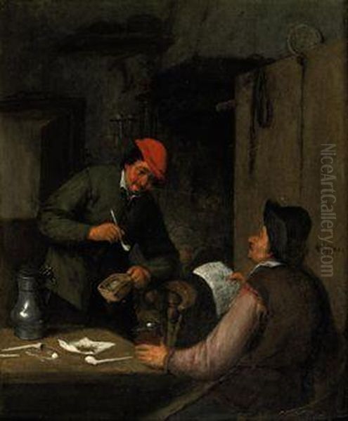 Two Peasants Smoking, Drinking And Reading In An Interior - view 1
