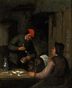 Two Peasants Smoking, Drinking And Reading In An Interior by Adriaen Jansz. Van Ostade