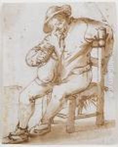 A Seated Peasant Holding A Mug by Adriaen Jansz. Van Ostade