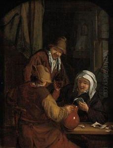 Two Men And A Woman Drinking And Playing Cards In An Inn by Adriaen Jansz. Van Ostade