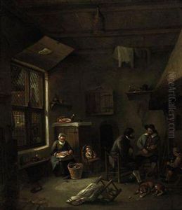 An Interior With A Family By A Fireplace by Adriaen Jansz. Van Ostade
