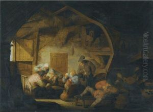 The Interior Of A Barn With Peasants Playing Cards Around Astool by Adriaen Jansz. Van Ostade